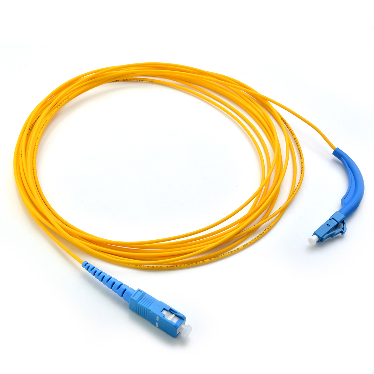 Yellow optical fiber patchcord with blue SC/UPC connector > angled blue LC/UPC