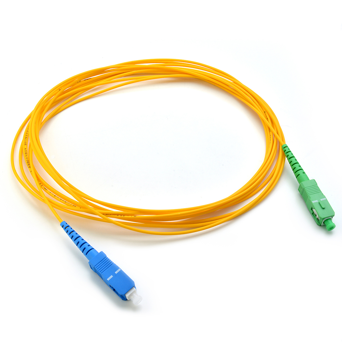 Yellow optical fiber patchcord with green SC/APC connector > blue SC/UPC