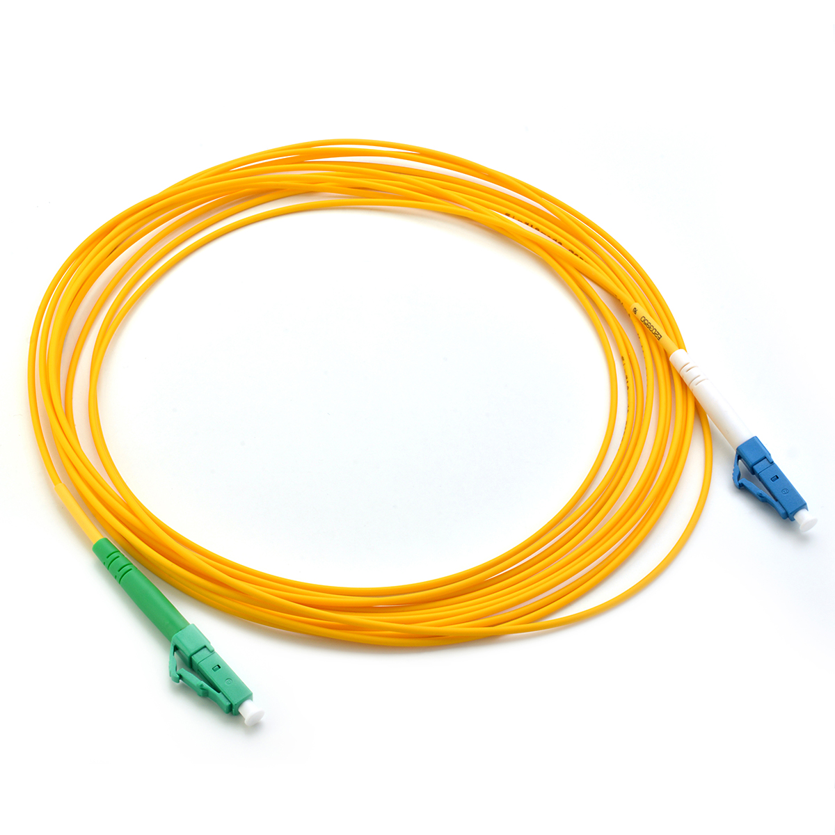 Yellow optical fiber patchcord with blue LC/UPC connector > green SC/APC